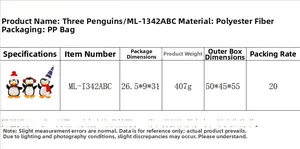 Detailed table of specifications for 3-piece set of plush penguin winter toys