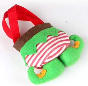 Christmas elf themed felt gift bag with red handles and green boots on white background