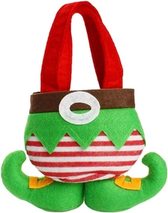 Close-up of Christmas elf gift bag with green felt fabric and striped legs detail