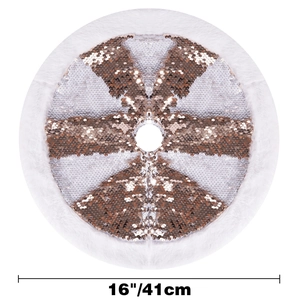 Detailed view of a 16 inch Christmas tree skirt with champagne sequins and white faux fur trim