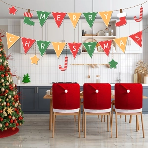 Festive kitchen set with Merry Christmas banner and red Santa hat chair covers decor