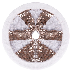 Rose gold and silver sequin Christmas tree skirt with white faux fur trim decoration