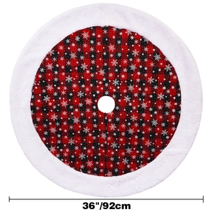 Detail of red and black buffalo plaid Christmas tree skirt with plush white faux fur trim
