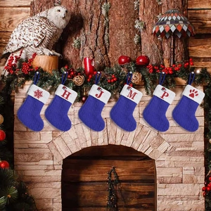 Set of 6 blue cable knit Christmas stockings with white fur cuffs and embroidered letters