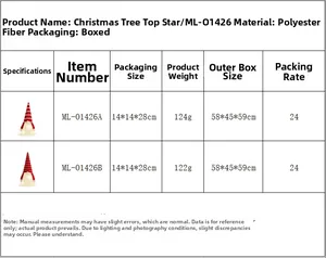 Size chart for faceless Christmas gnome tree topper with dimensions and weights
