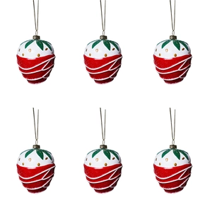 Set of 6 strawberry Christmas ornaments with red glitter finish and white wave details