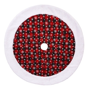 Red and black buffalo plaid Christmas tree skirt with white snowflakes and faux fur trim