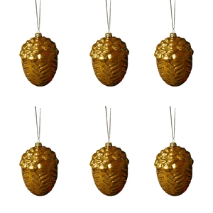Detailed set of six golden pinecone-shaped Christmas ornaments with textured scales