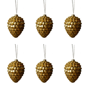 Close-up of six golden pine cone ornaments in a neat 2x3 grid with hanging loops