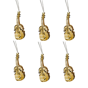 Set of 6 gold violin-shaped hanging ornaments with realistic wood texture and strings