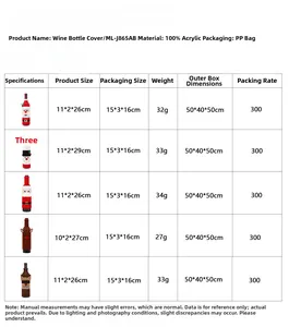 Size chart for Christmas knitted wine bottle covers showing dimensions and material details