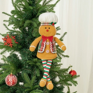 Polyester Plush Christmas Gingerbread Man Chef Ornament With Long Legs Striped Beaded Design For Xmas Home Decoration