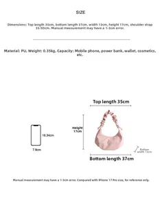 Size chart for pink pleated dumpling bag showing dimensions and iPhone size comparison