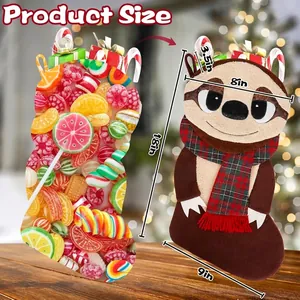 Brown plush sloth Christmas stocking with plaid scarf decor for festive holiday home gifts