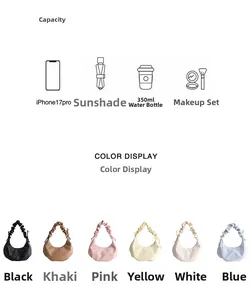 Detail view of ruched hobo bag capacity showing space for phone, umbrella and cosmetics