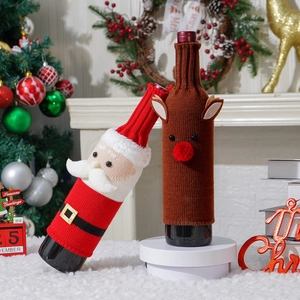 Christmas elk and Santa knitted wine bottle covers for holiday dining table decoration