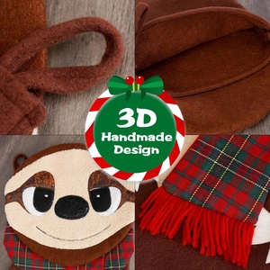 Christmas stocking with 3D handmade sloth design featuring plaid scarf and felt texture