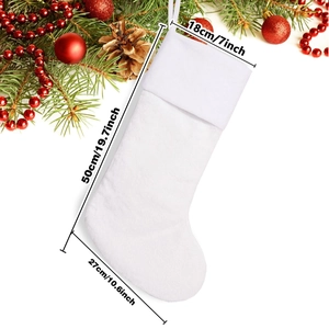White faux fur Christmas stocking showing 50cm height and 18cm opening width measurements