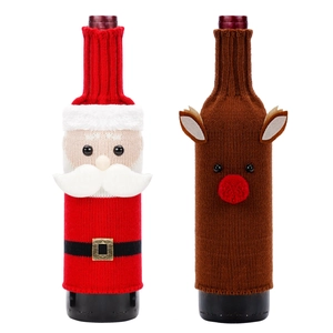 Christmas knit wine bottle covers set featuring Santa Claus and reindeer designs