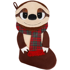 Plush sloth Christmas stocking with red and green plaid scarf on a white background