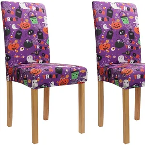 Set di 2 fodere per sedie Halloween viola con motivi di zucche fantasmi e pipistrelli