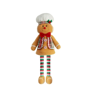 Gingerbread man chef plush toy with chef hat and long striped legs for Christmas decor
