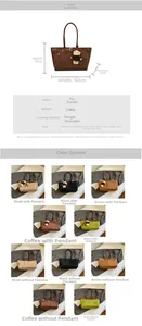 Detailed size specifications and color options for the large suede tote bag collection