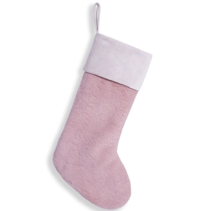 Pink plush Christmas stocking with white faux fur cuff and hanging loop for holiday decor