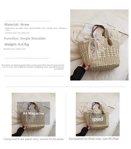 Detailed dimensions of beige straw tote bag with lace bow and leather handles