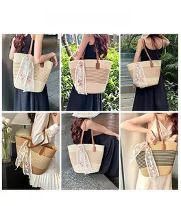 Straw tote bag with lace scarf detail shown in various lifestyle and garden settings