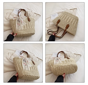 Detailed four-way view of straw tote bag with pink lace bow and brown leather handles