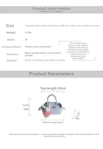 Guide des tailles détaillé montrant les dimensions du sac seau en cuir PU et sa structure
