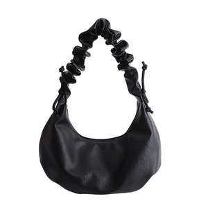 Elegant black pleated crescent hobo bag with stylish drawstring strap for women