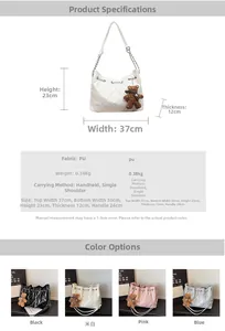 Detailed chart showing white quilted tote bag dimensions and four color options