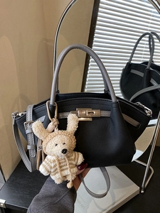 Vintage retro black tote with grey handles, silver twist lock and cute bunny pendant
