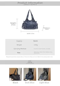 Size chart for denim shoulder bag detailing 37x27x12cm dimensions and color options