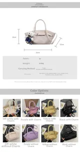Detailed size chart and multi-color options for pleated PU leather handbag with bear charm