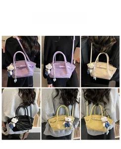 Collage of chic faux leather handbags in purple, beige, black, and yellow with bear charm
