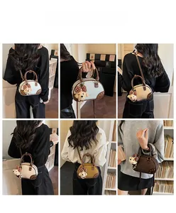 Collage of model showing various colors of boston crossbody bags with plush puppy pendant
