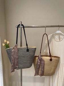 Large striped straw tote bags with decorative scarves for summer beach holidays