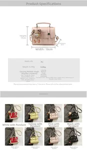 Detailed size specifications for the PU square handbag with dimensions and color options