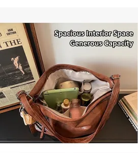 Detailed interior of brown PU leather tote bag showing spacious compartments and storage