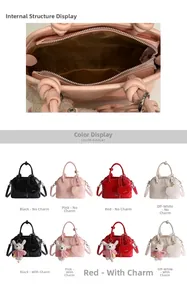 Detail view showing internal zipper pocket and colorful shell bag color options