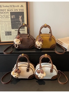 Retro Boston style leather handbags in four colors with cute bear charm and shoulder strap