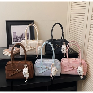 Collection of retro checkered PU leather handbags in five colors with plush bear charms
