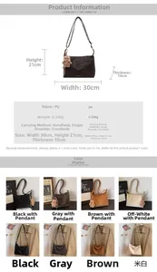 Detailed chart showing PU shoulder bag dimensions 30x21x10cm and multi-color options