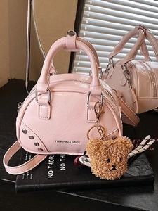 Women High Quality Fashion PU Bowling Bag Rivet Exquisite Niche Handbag With Bear Pendant Versatile Crossbody Shoulder Bag
