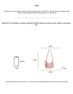 Guide des tailles détaillé pour le sac bandoulière en PU rose avec dimensions précises