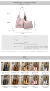 Detailed size chart for large canvas tote bag and matching inner pouch with tassel