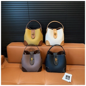 Detail of multi-color bucket bags with lychee leather and gold metal twist-lock closures